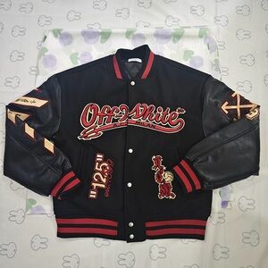 Off-White Wool and Leather Baseball Jacket